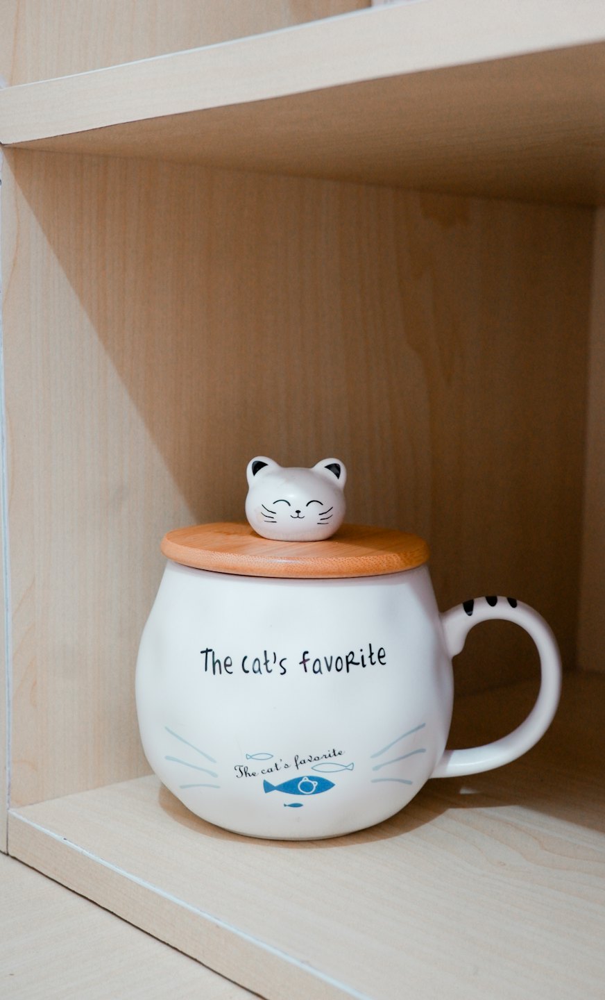 Ceramic mug with cat lid sitting on a wooden shelf.