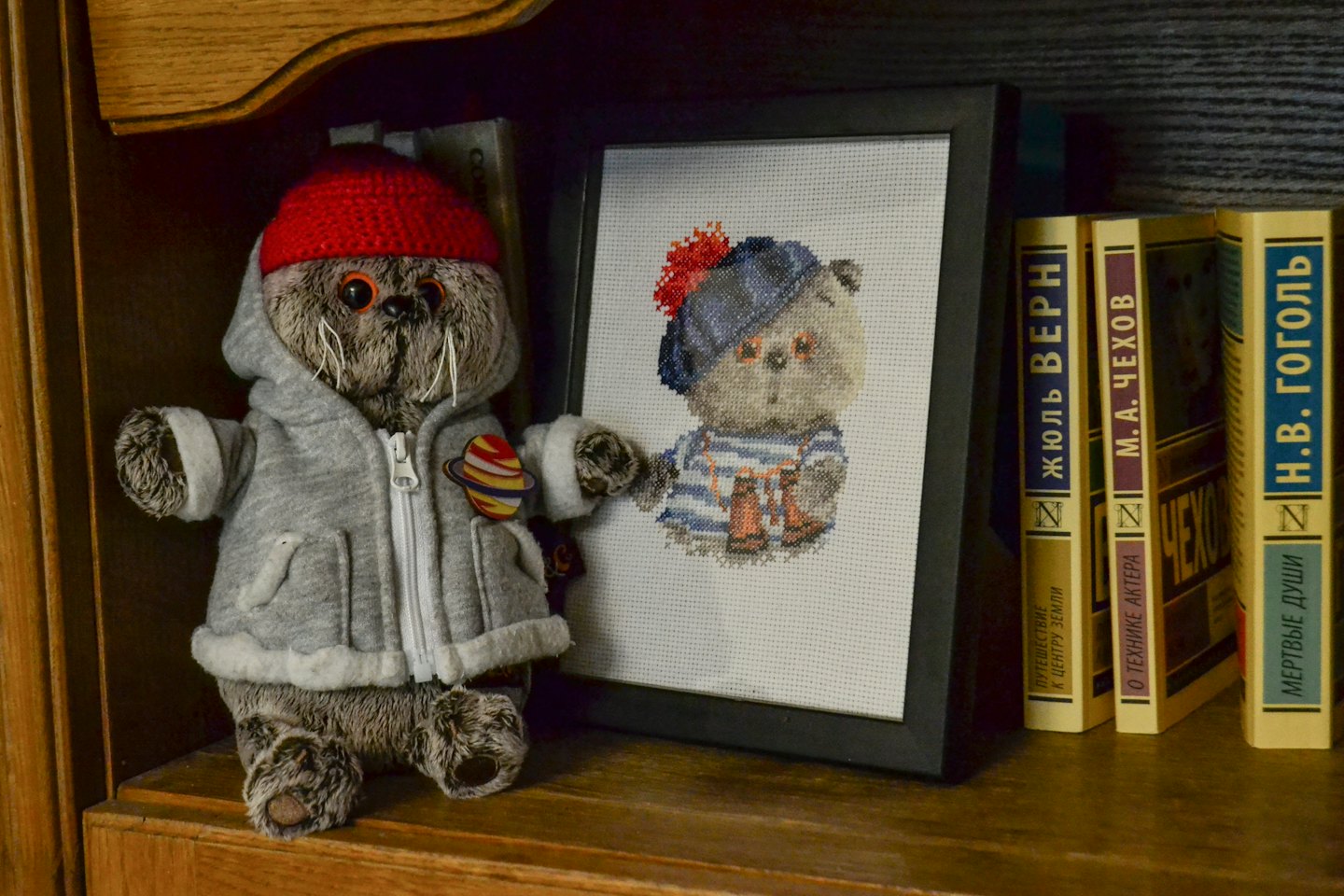 Plush cat toy in hoodie and beanie on shelf with books.