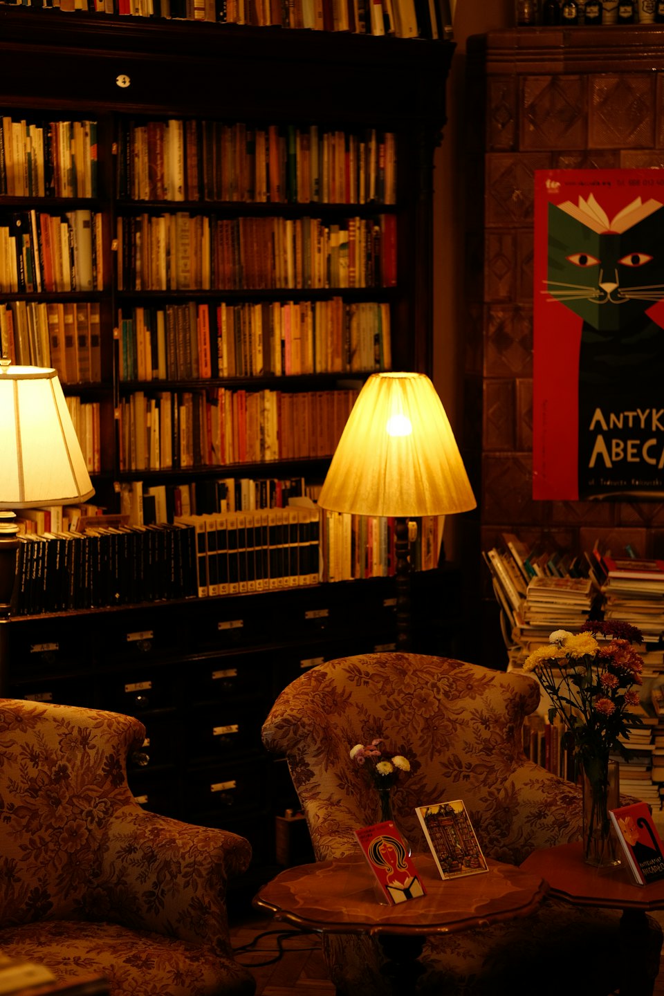 Two armchairs sit inside an antique bookstore filled with bookshelves.